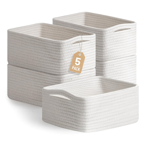 Yilobi small white woven basket on shelf for neat storage.