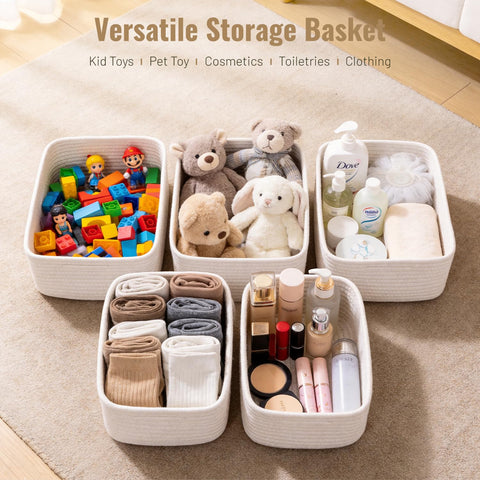 Yilobi small woven basket on closet shelf for socks.