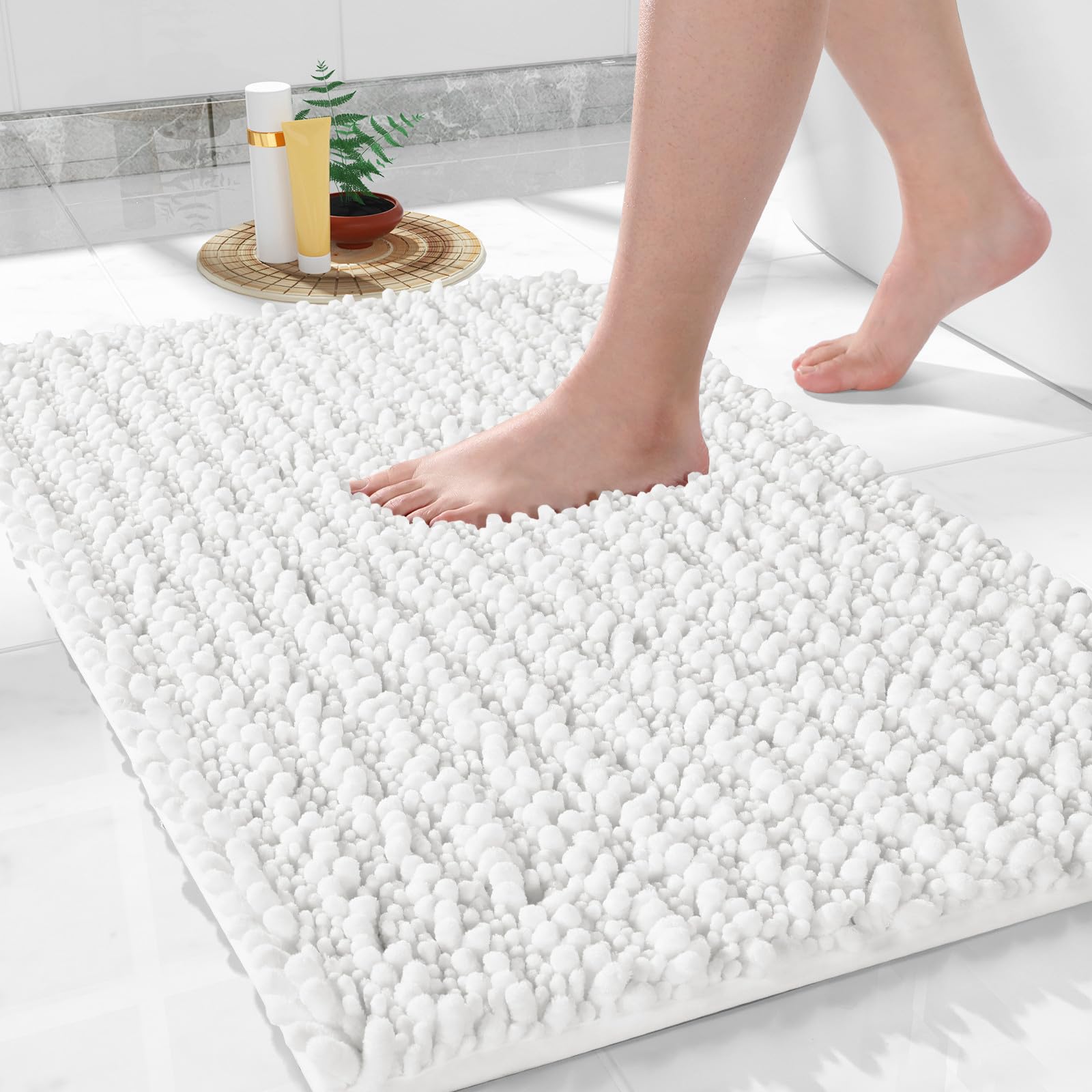 Yimobra bath mat showcases soft chenille texture for plush comfort and coverage