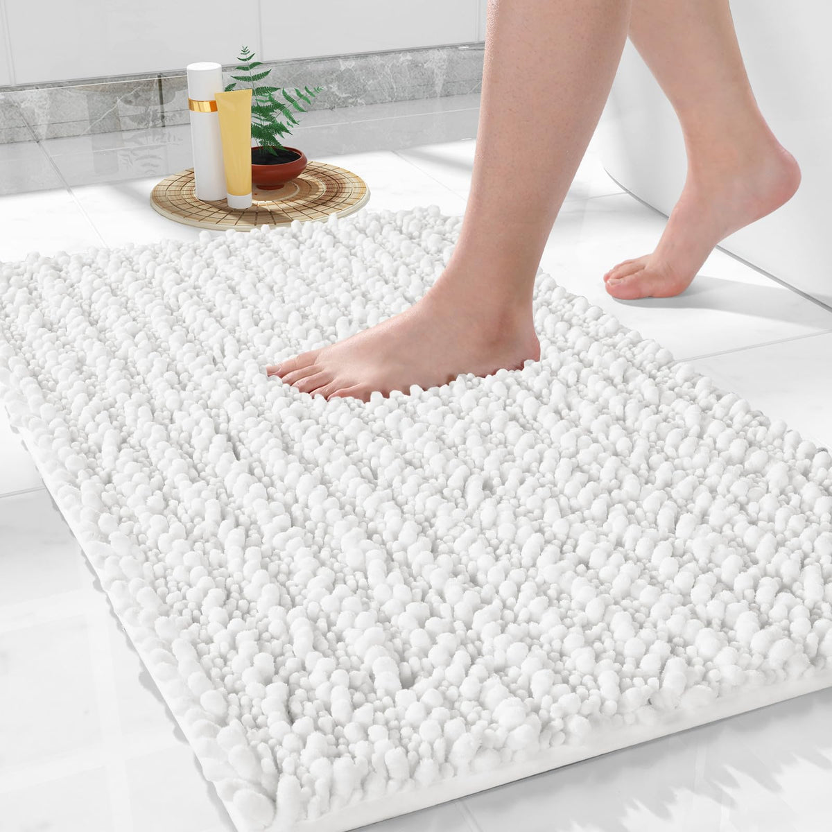Yimobra bath mat showcases soft chenille texture for plush comfort and coverage
