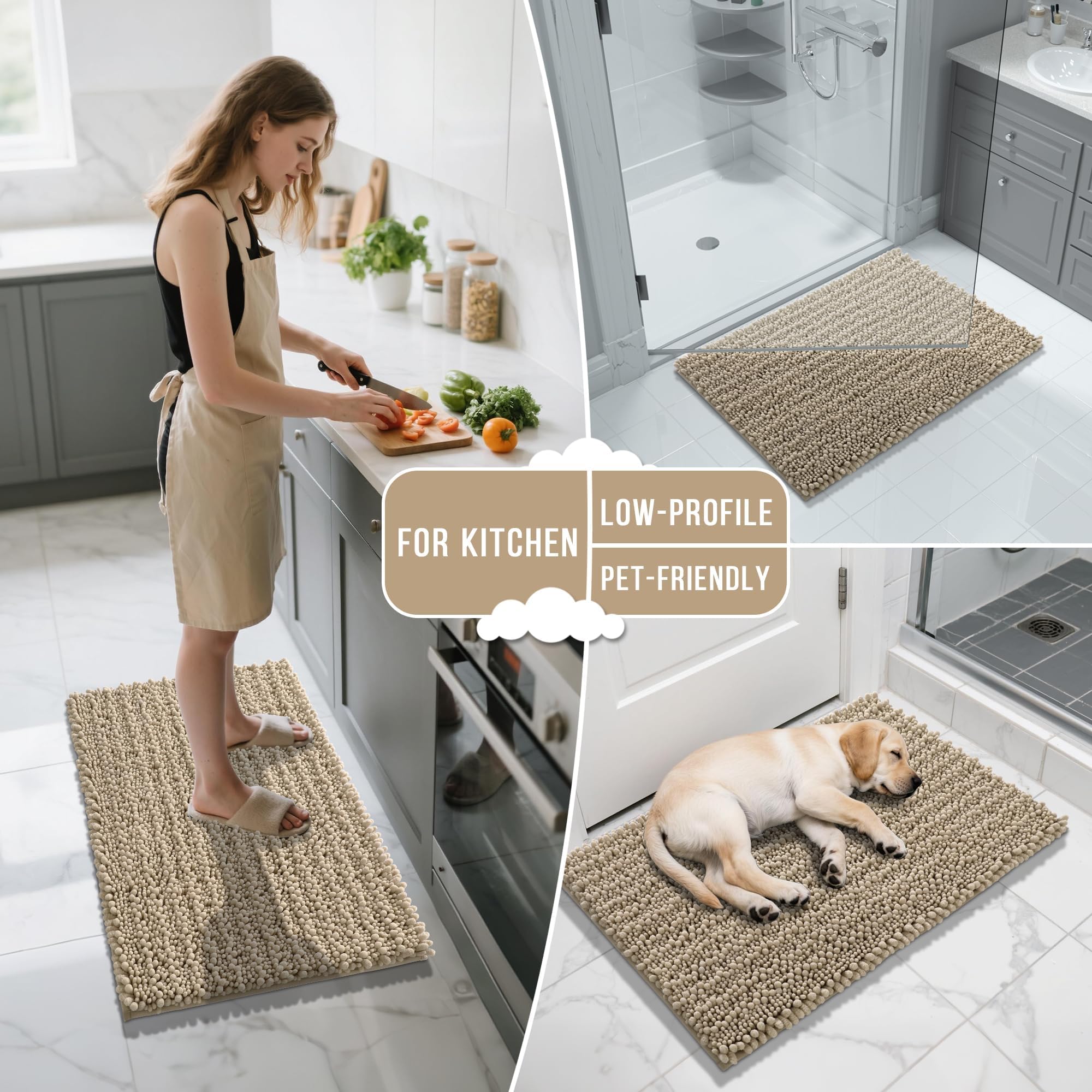 Yimobra camel color bath mat complements warm bathroom decor.
