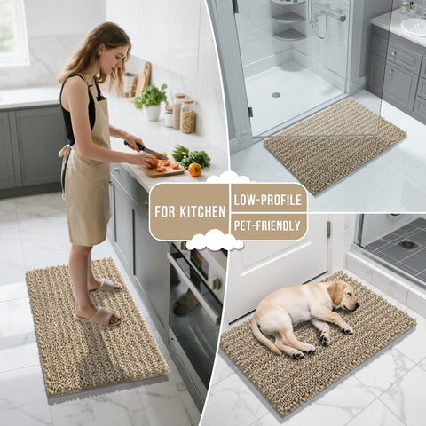 Yimobra camel color bath mat complements warm bathroom decor.