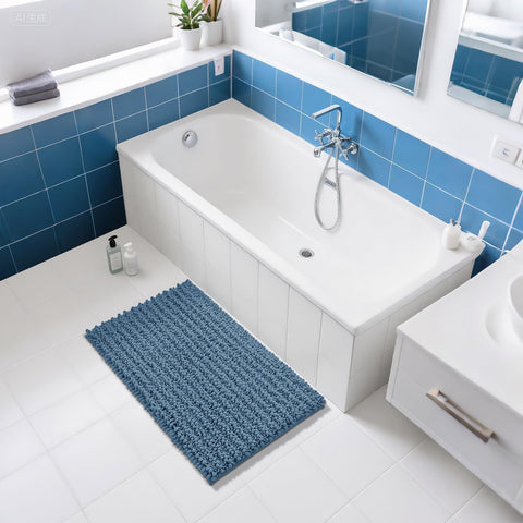 Yimobra mat in denim blue energizes kids' baths.