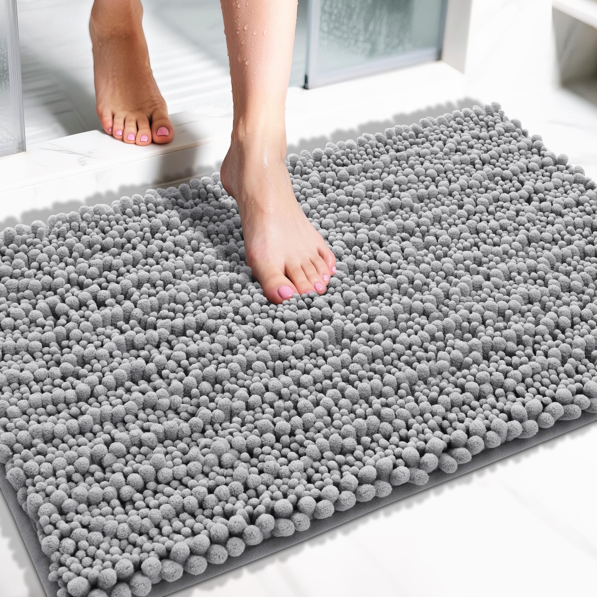 Yimobra large gray bath mat closeup shows plush chenille pile for warm, slip-free stepping