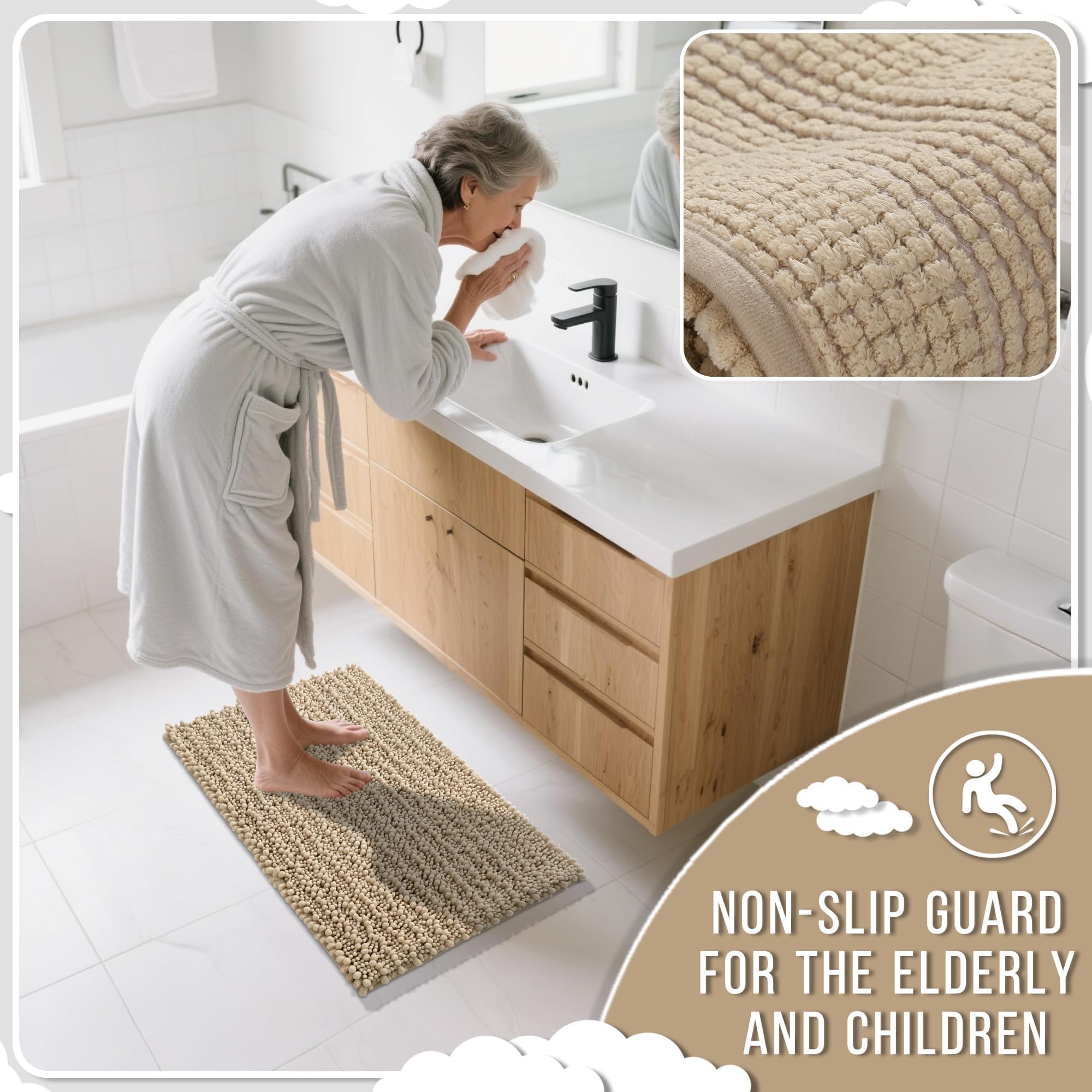 Yimobra machine-washable bath mat designed for long-lasting use.