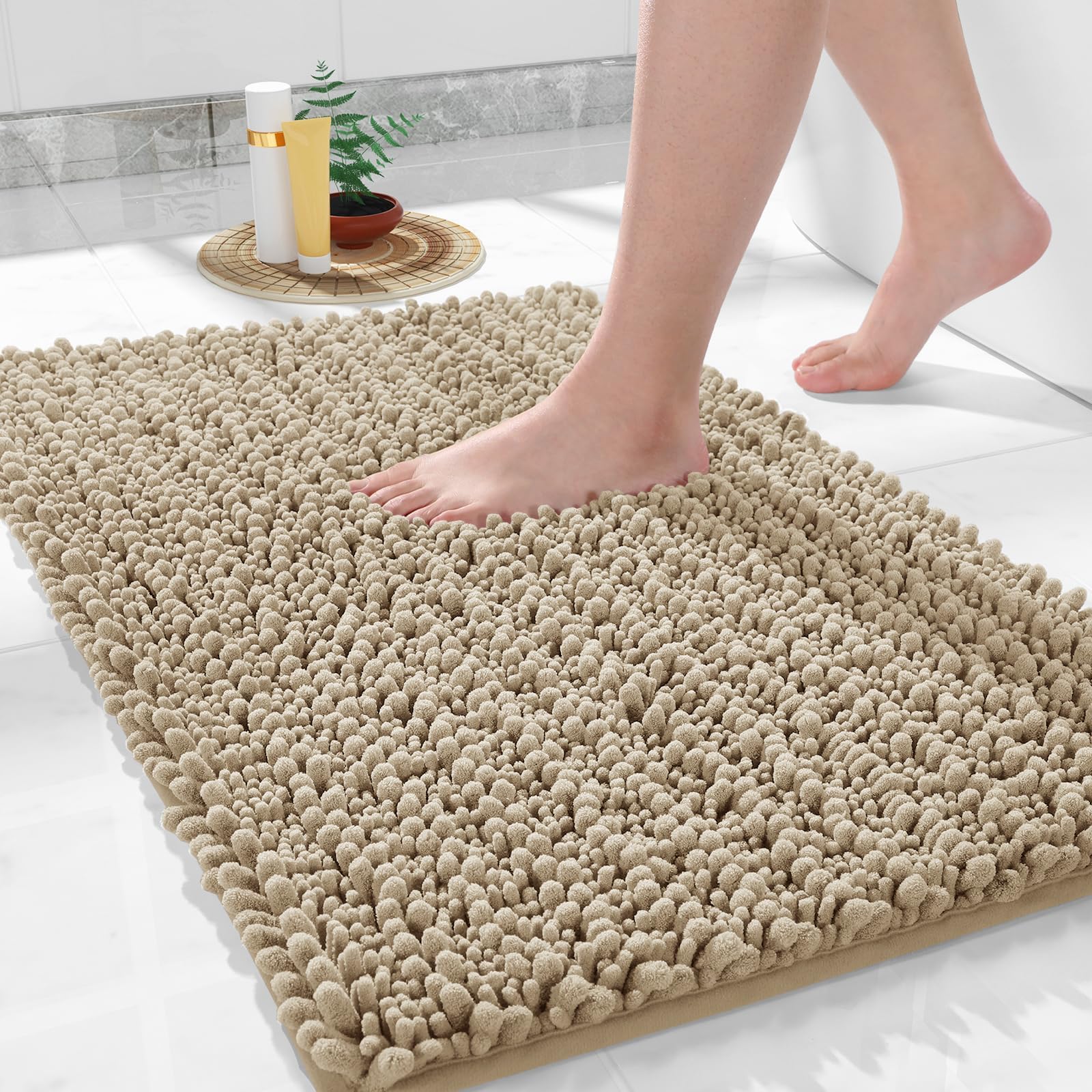 Yimobra ultra-soft chenille bath mat for cloud-like comfort after showers.