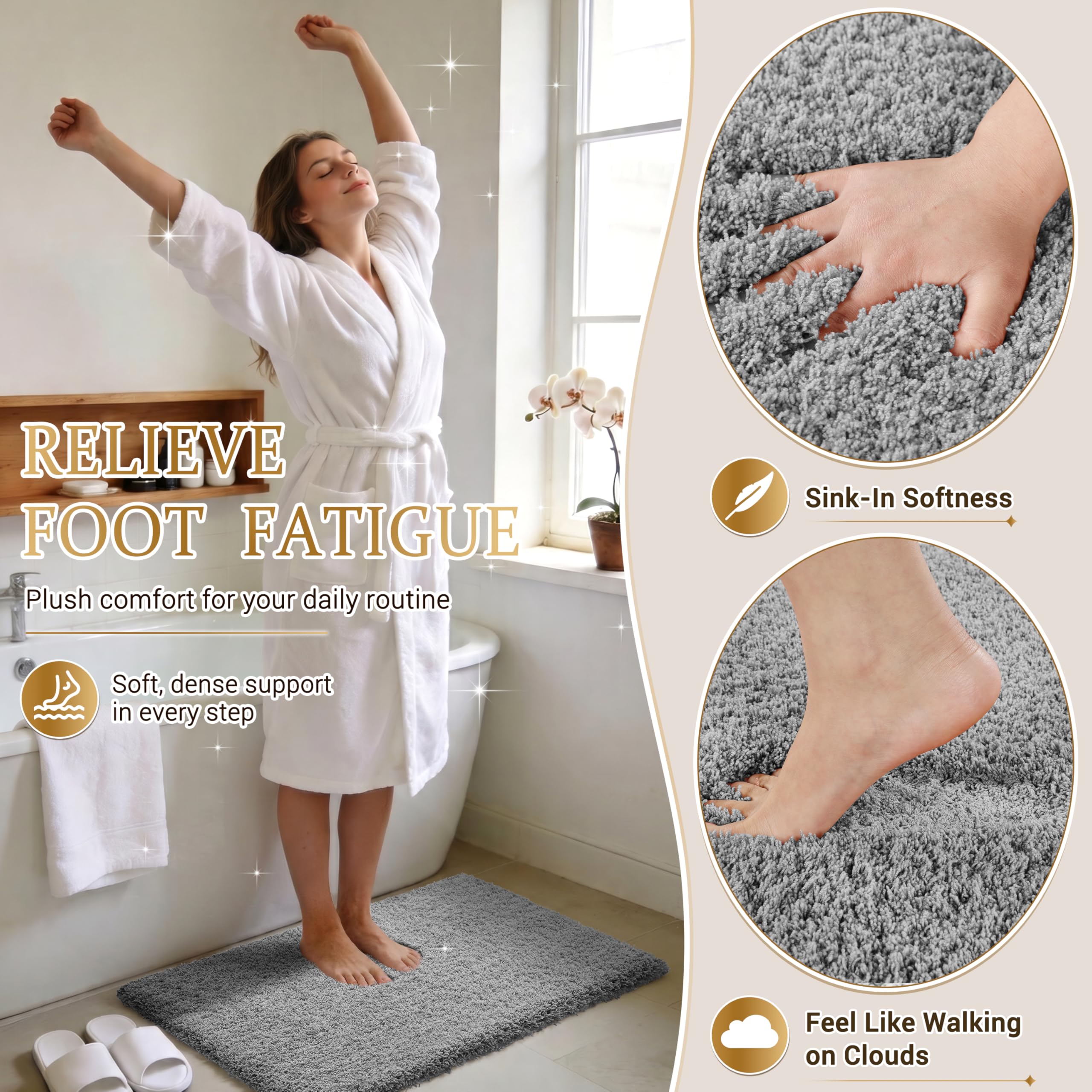 Yimobra bath rug absorbent pile demonstrates quick-dry performance after shower.