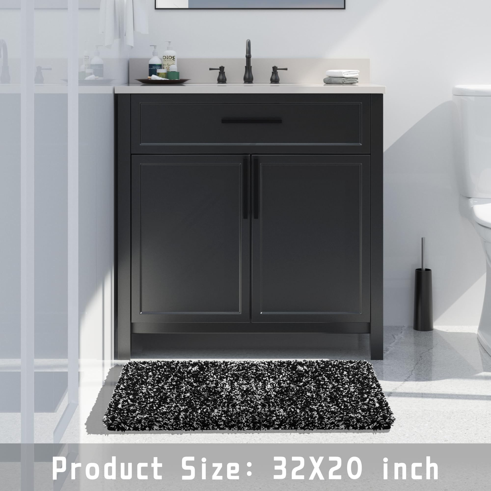 Yimobra bath rug black white colorway complements modern bathroom decor.
