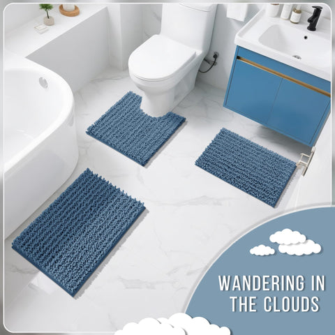 Yimobra denim blue decor-ready rug for versatile bathroom styling.