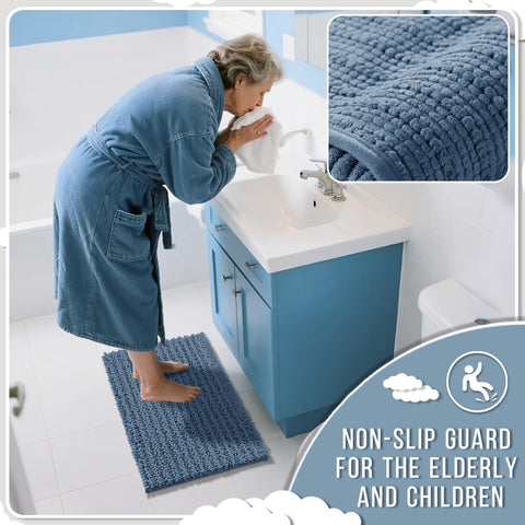 Yimobra denim blue rug keeps floors dry after showers.