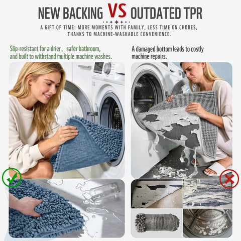 Yimobra denim blue rug on floor shows warm, inviting bathroom vibe.