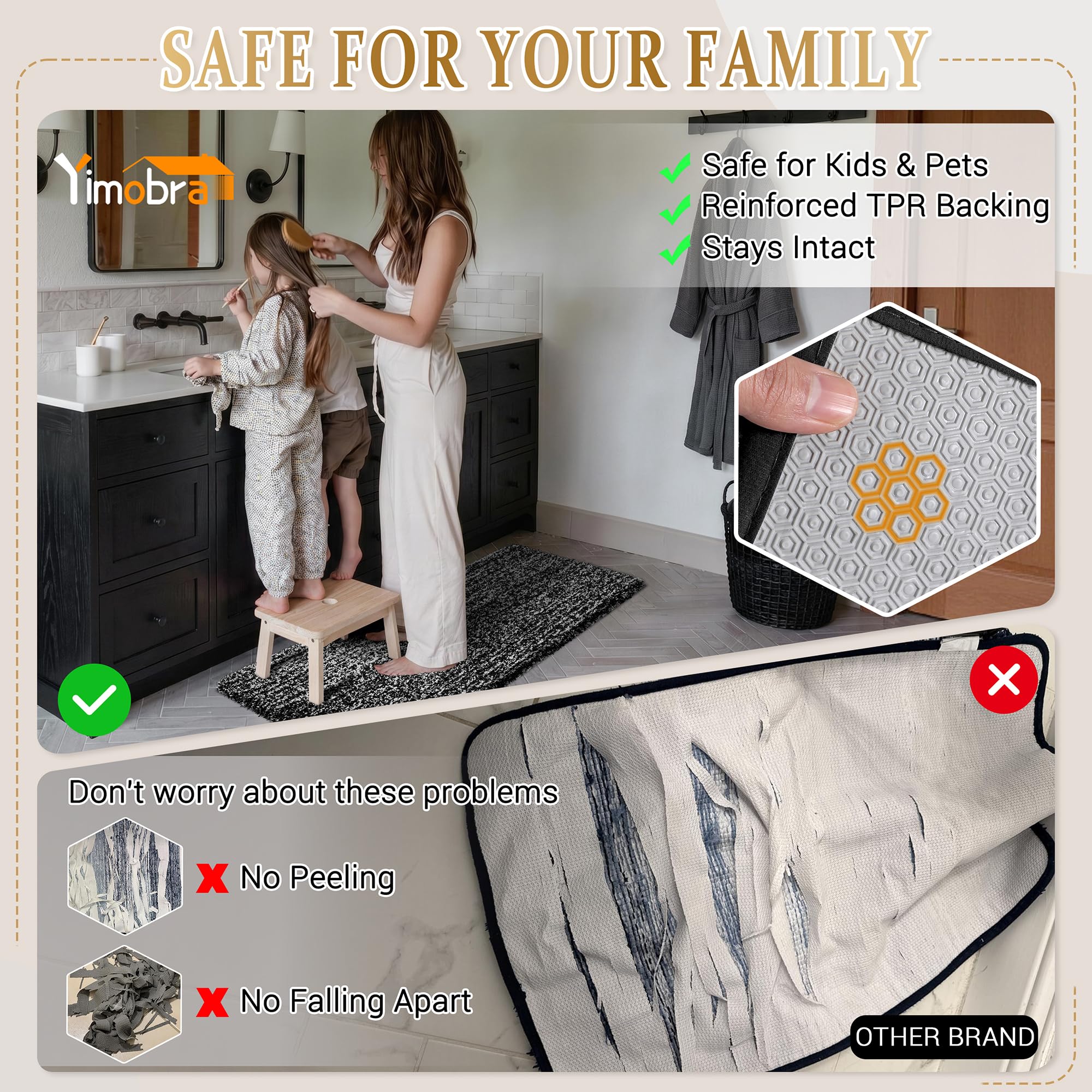 Yimobra bath rug fluffy soft appearance enhances any bathroom look.