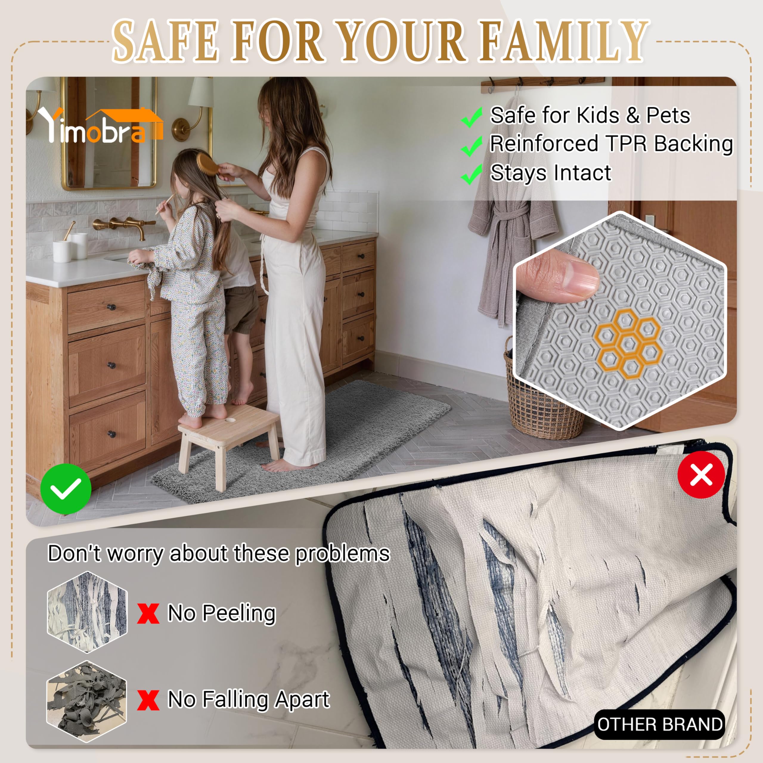 Yimobra bath rug in bathroom scene complements any decor with soft gray tone.