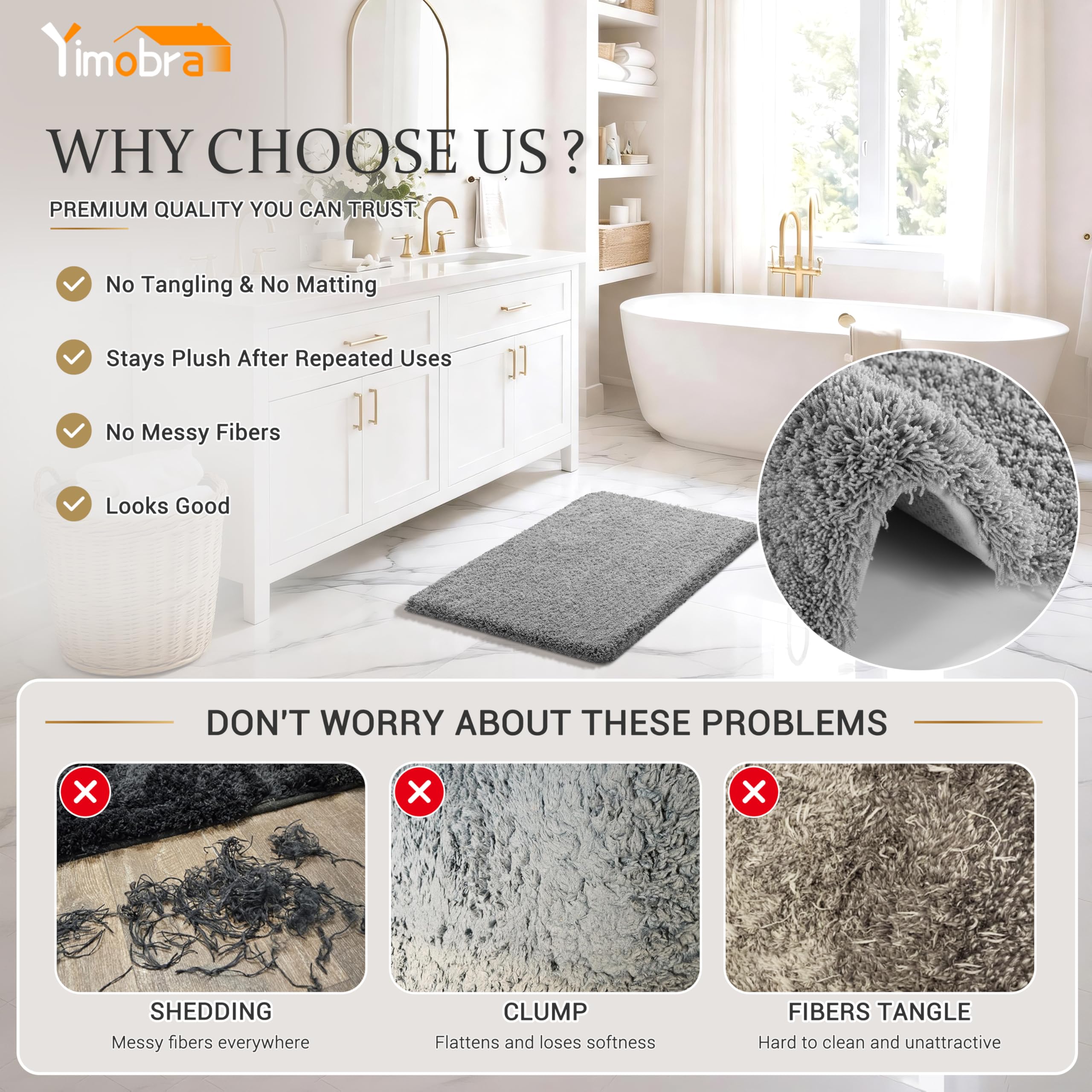 Yimobra bath rug non-slip bottom showcases safer bathroom stepping.