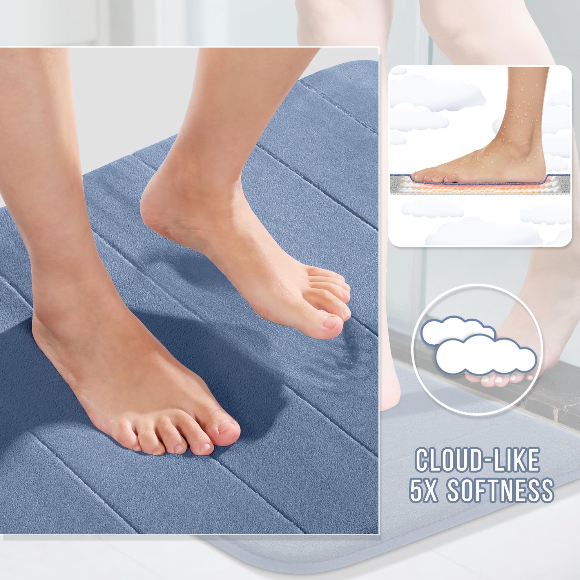 Non-slip PVC backing keeps the denim blue rug securely in place