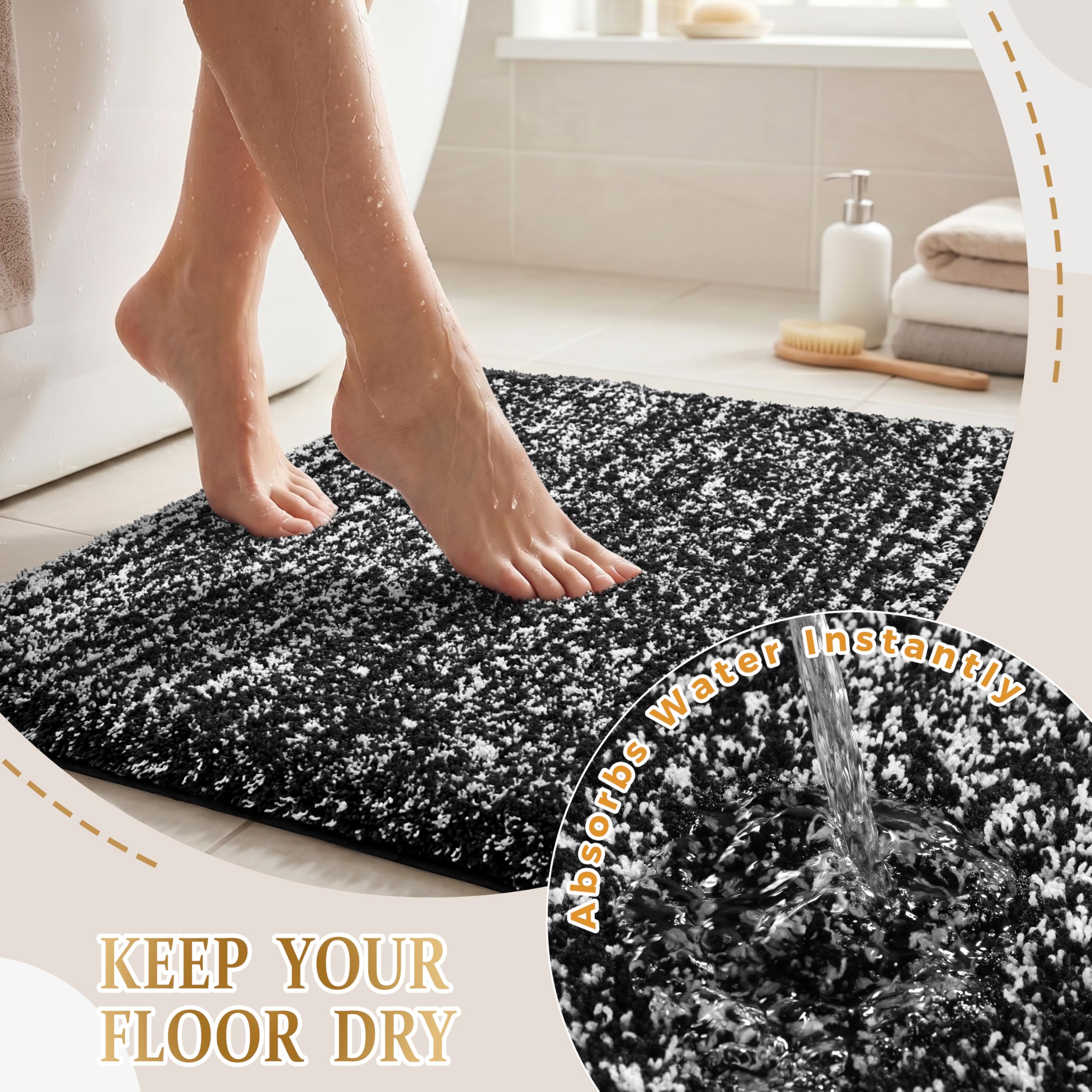 Yimobra bath rug quick-dry surface helps keep floors drier after showers.