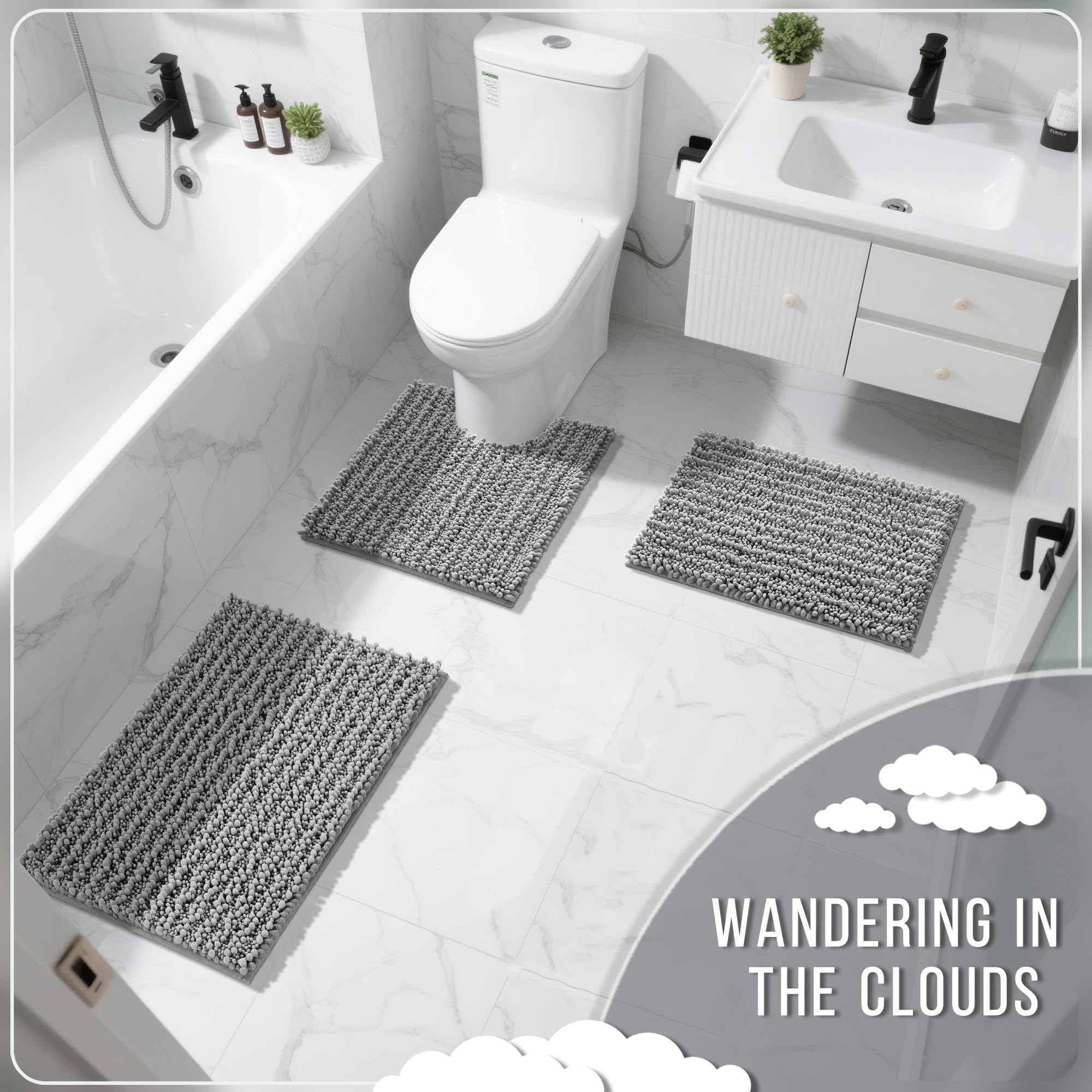 Yimobra tub and shower areas stay dry with quick-dry chenille mat set