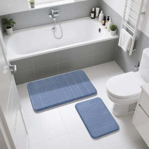 Denim blue bathroom decor with non-slip comfort on floors