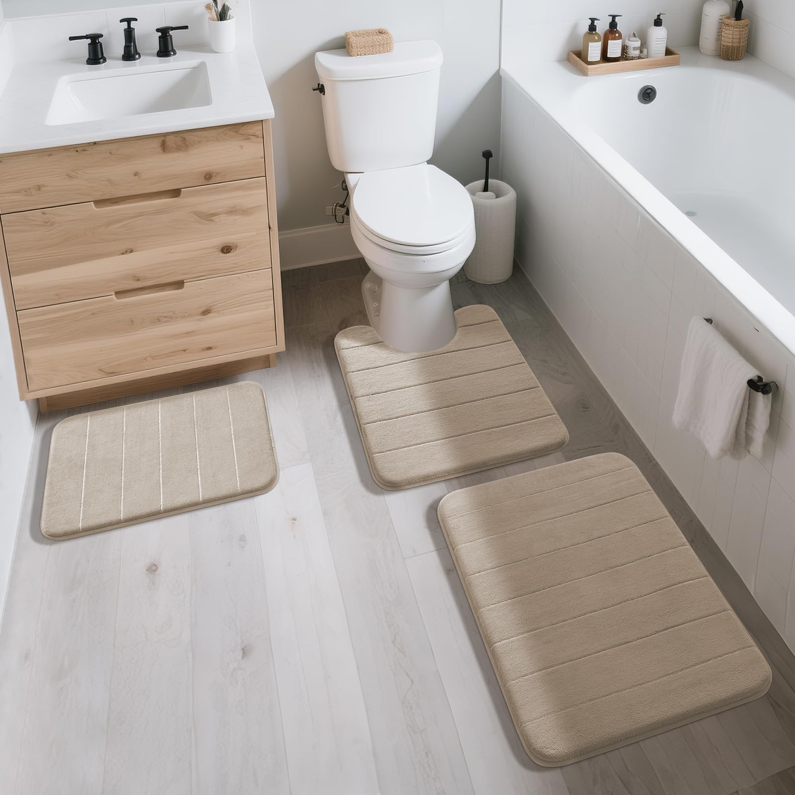 Yimobra beige bath rug adding a soft, premium touch to the bathroom