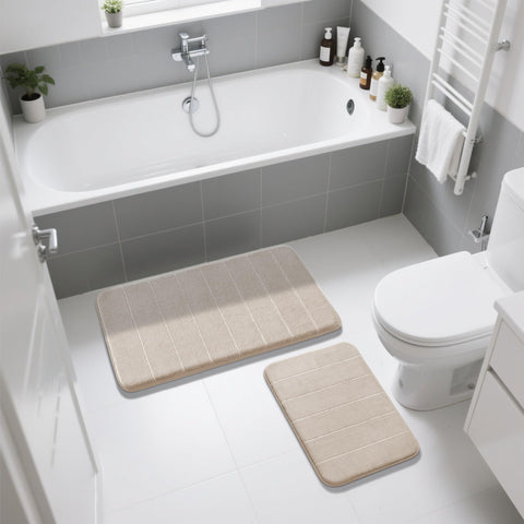 Yimobra beige two-piece rug set complements diverse bathroom decor schemes.