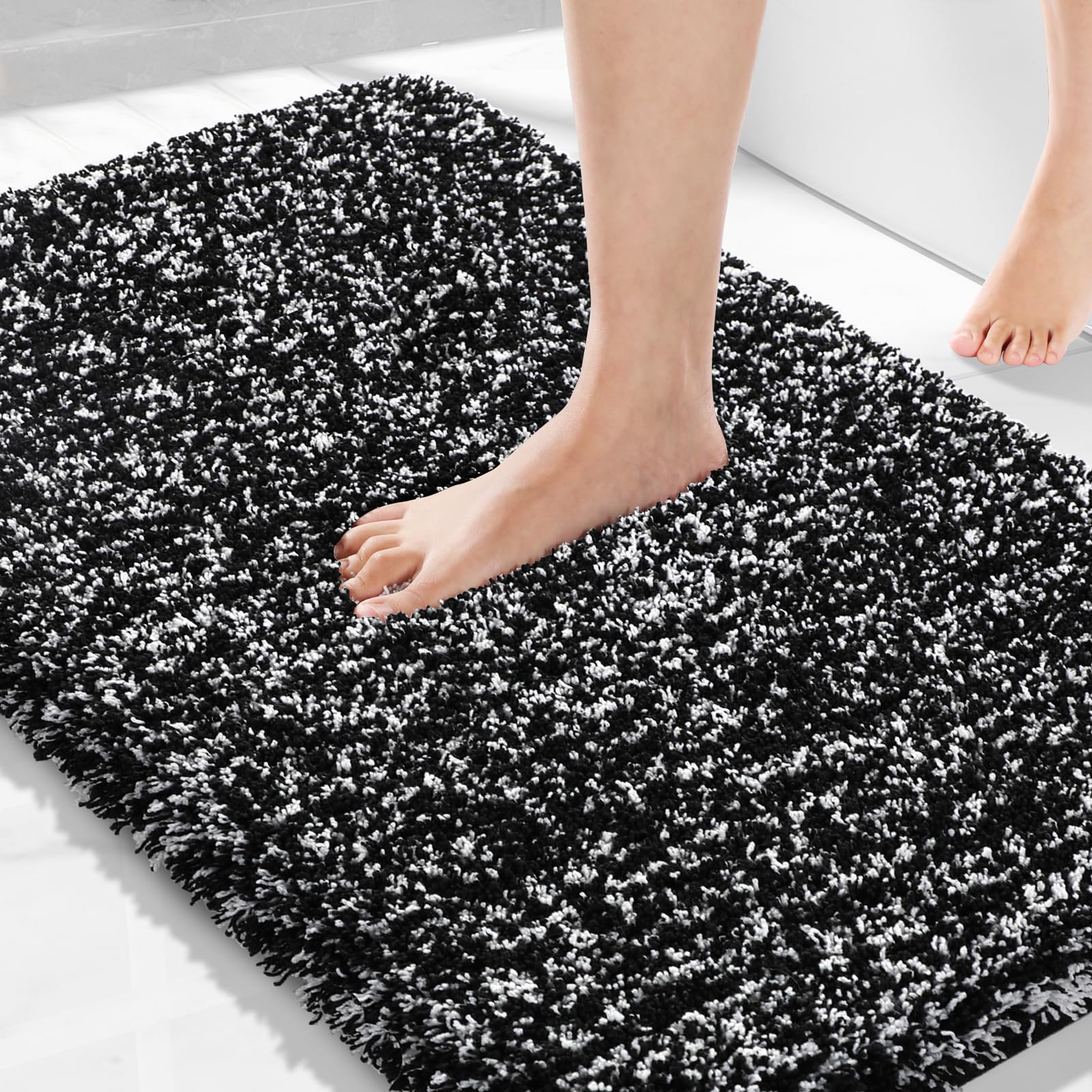 Yimobra black and white bath rug full view showing stylish decor and plush comfort.