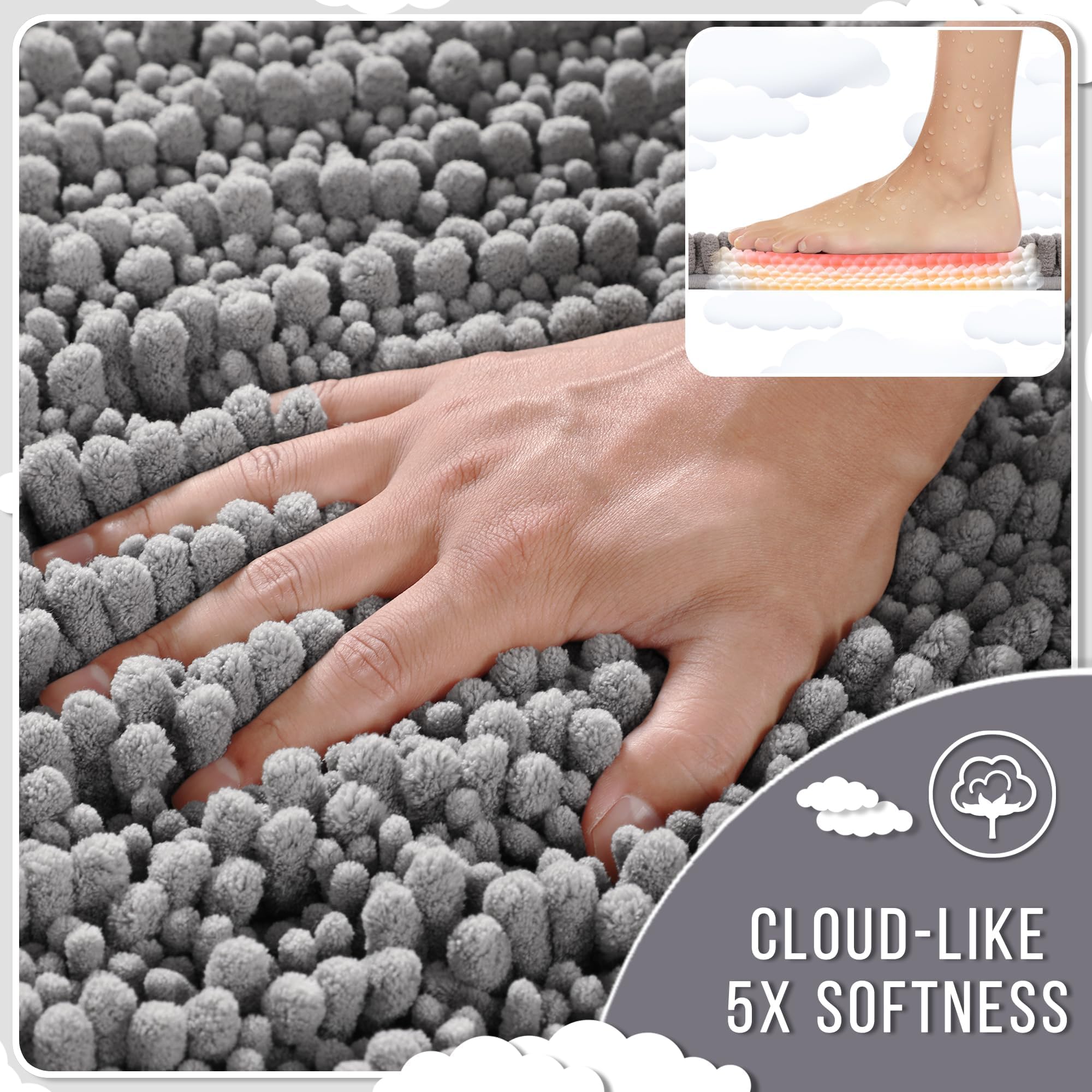 Yimobra chenille bath mats quick-dry: absorbent fibers keep floors dry.