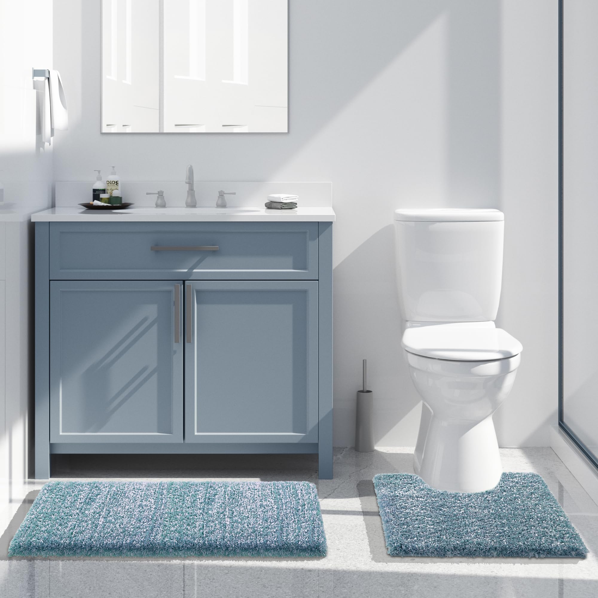 Yimobra denim blue rug complements bathroom decor with classic tones.