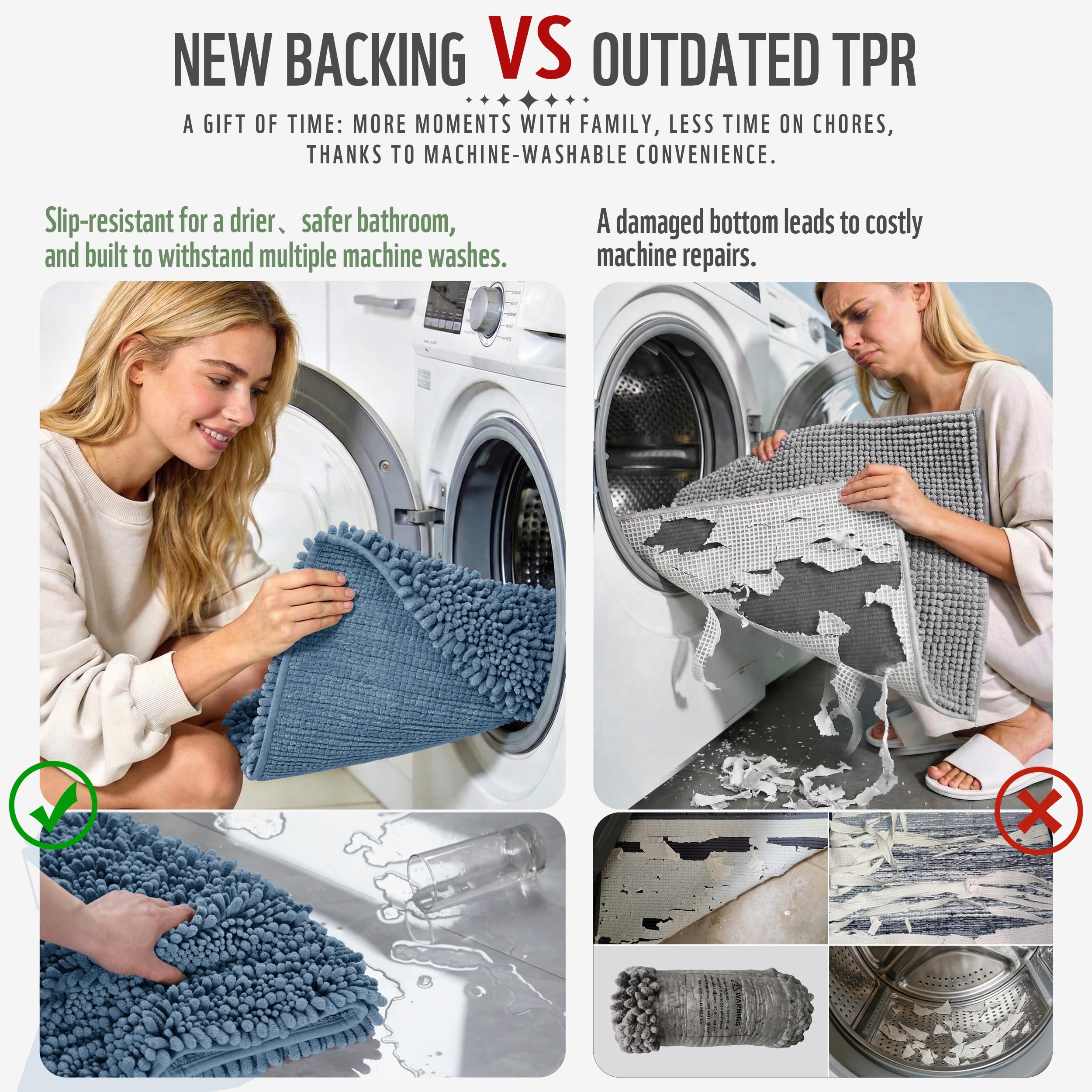 Yimobra grip backing keeps rug secure on dry floors.