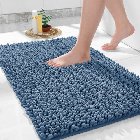 Yimobra denim blue chenille bath mat shows ultra-soft plush.