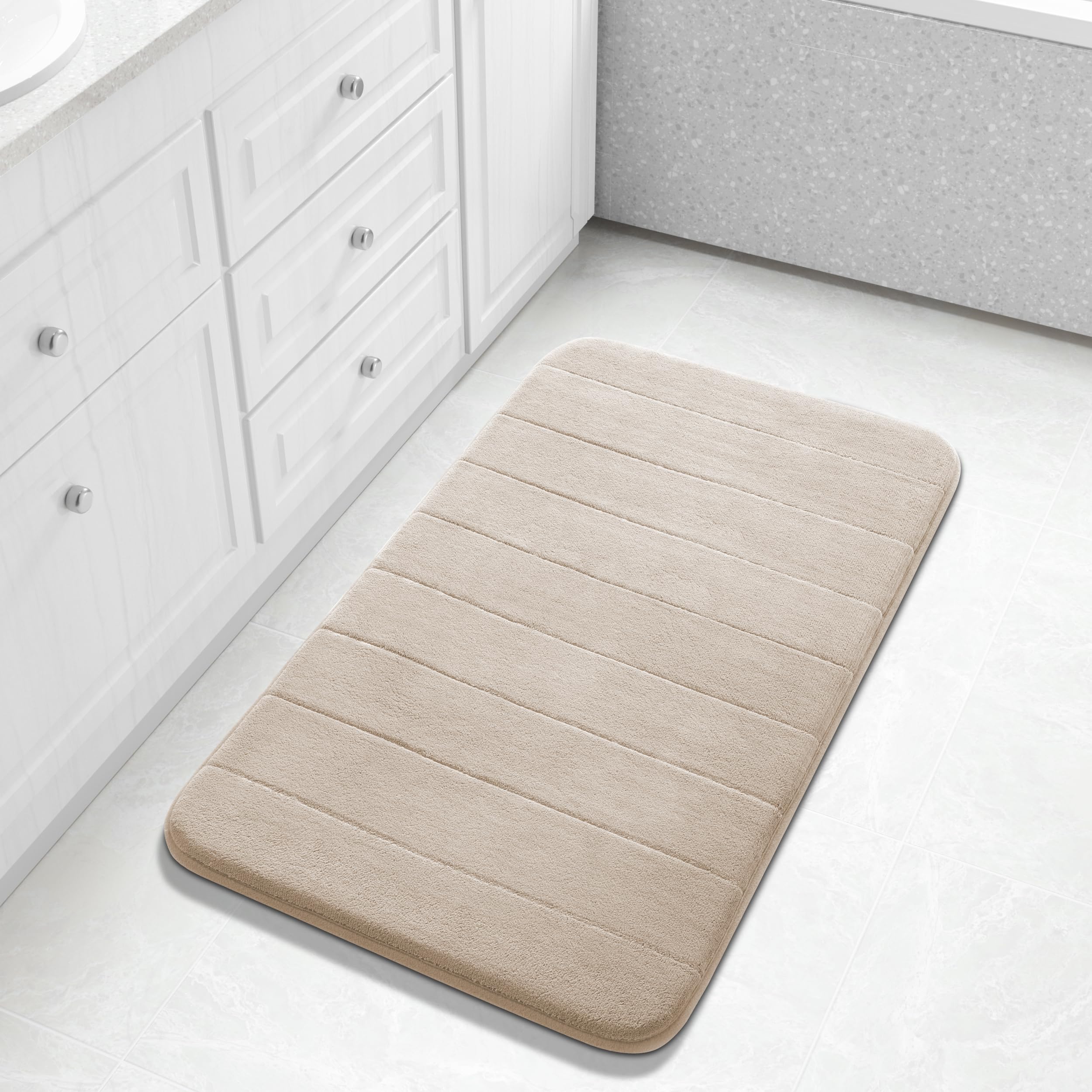 Yimobra memory-foam bath mat shows plush comfort after shower