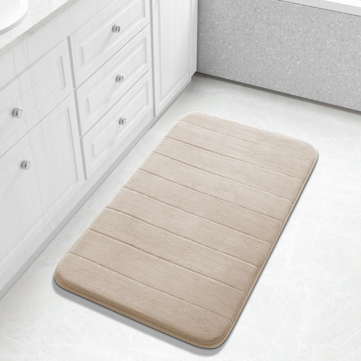 Yimobra memory-foam bath mat shows plush comfort after shower