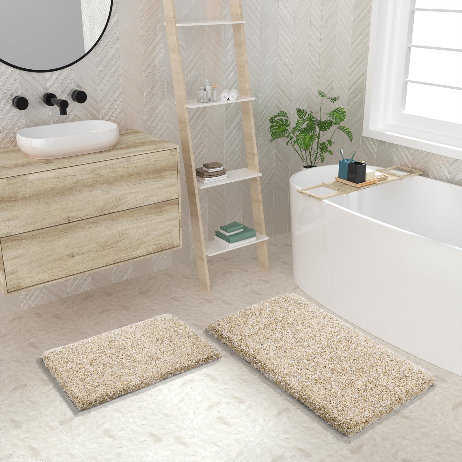 Yimobra light beige and white rug complements bathroom decor