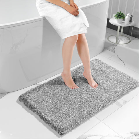 Yimobra long bathroom rug close-up pile shows plush absorbent fibers for quick drying.