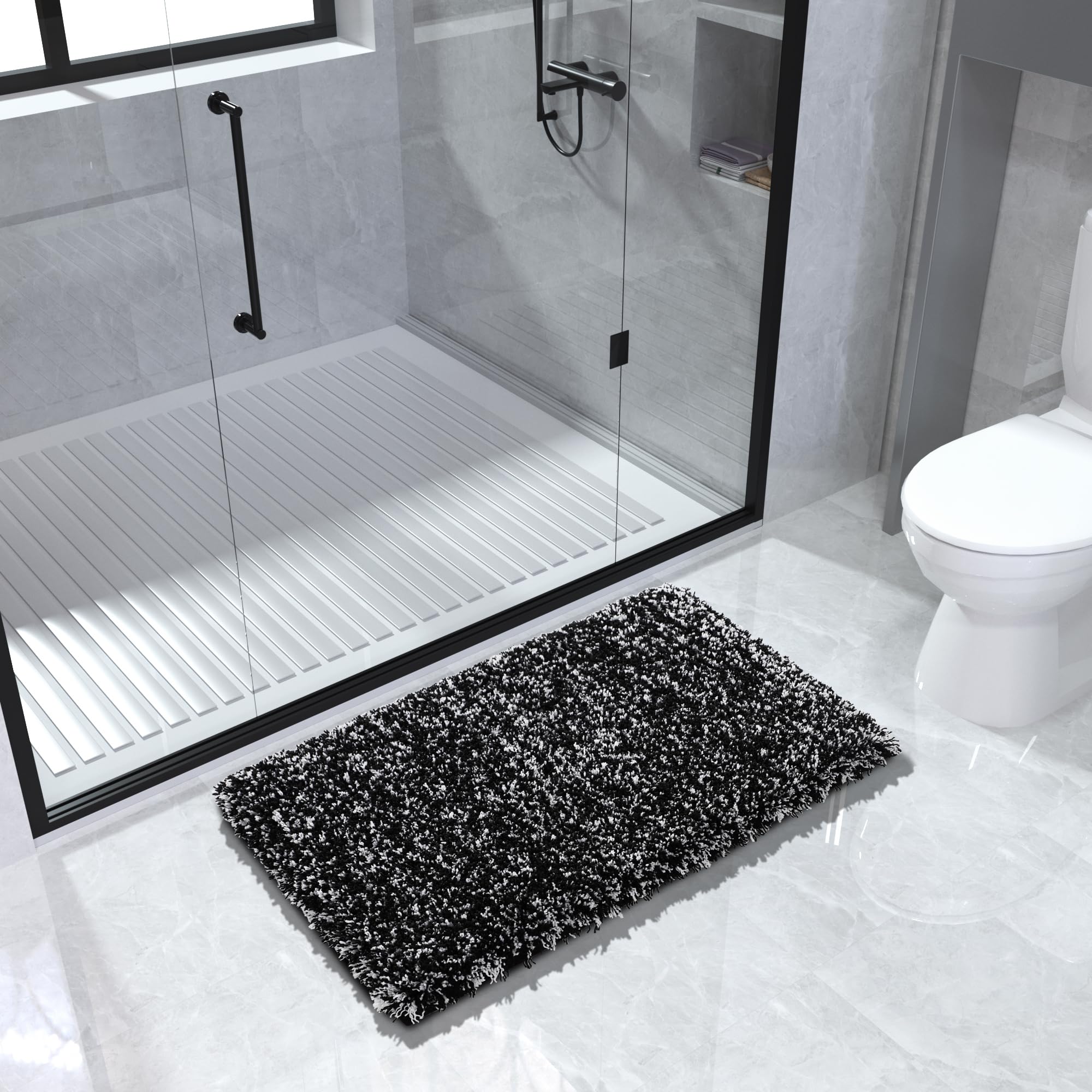 Yimobra luxurious microfiber shaggy bath mat enhances bathroom luxury and softness.