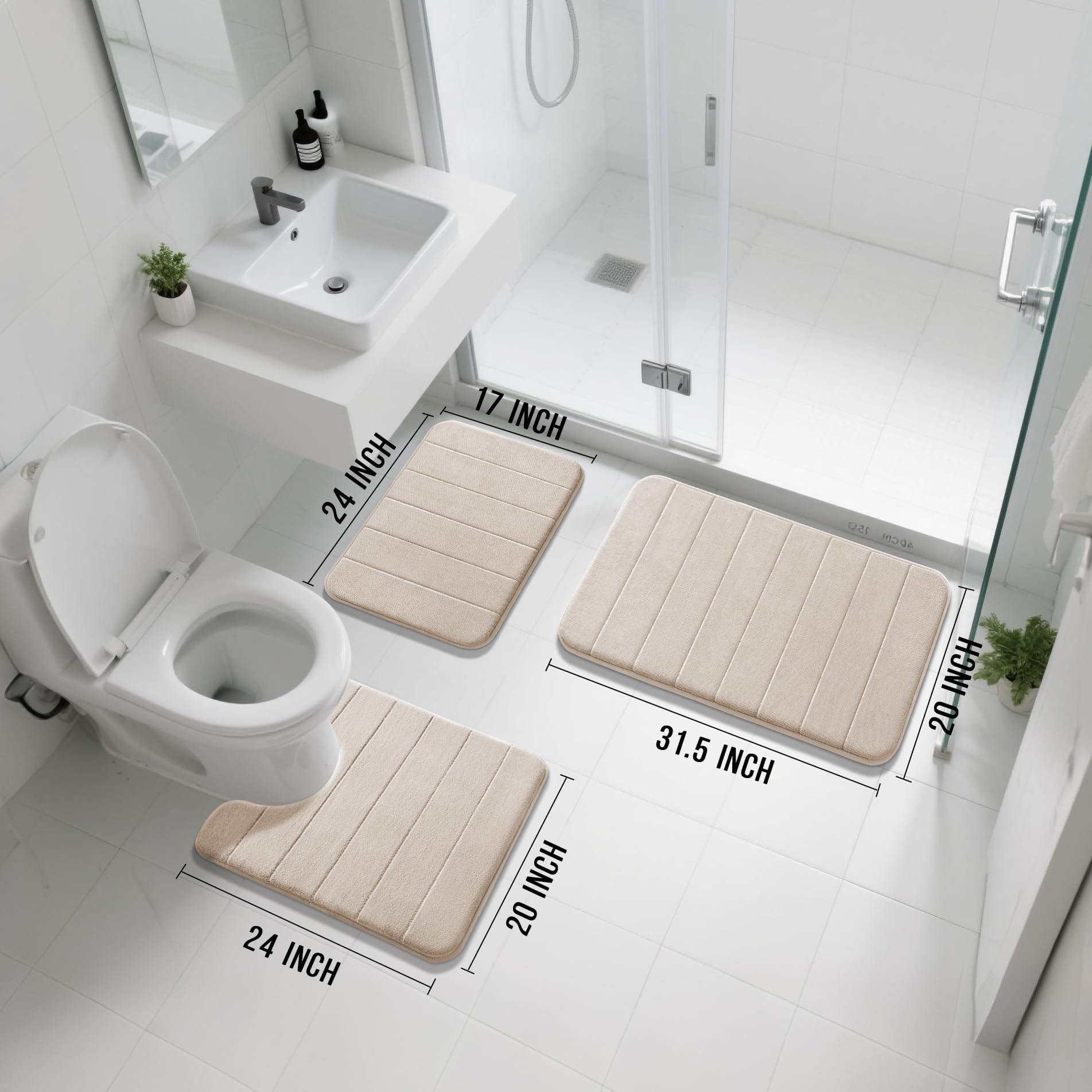Yimobra bath mat beige color with non-slip backing visible, offering safety on bathroom floors