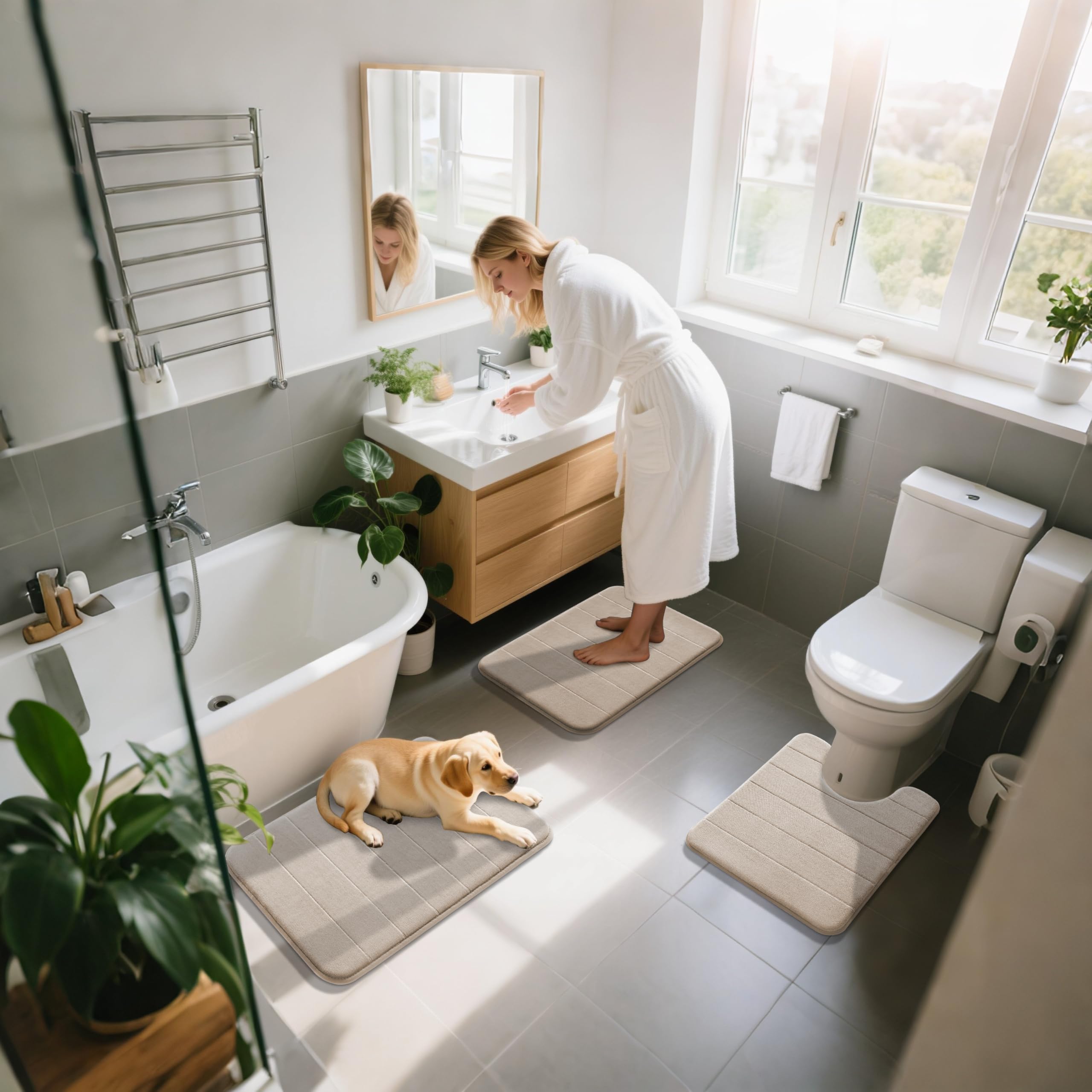 Yimobra beige bathroom set in room scene shows modern, cozy look