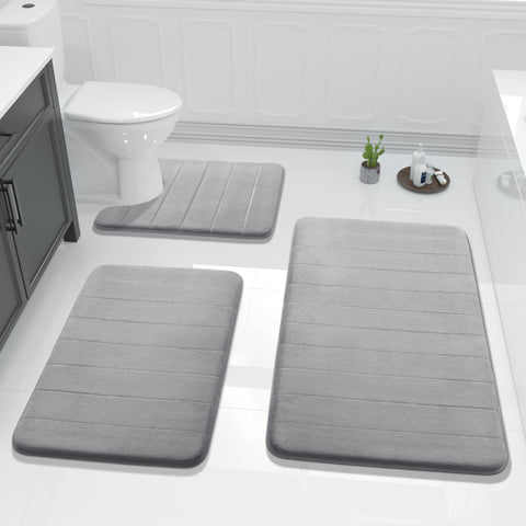 Yimobra memory foam bath mat surface in gray with plush, quick-drying comfort.
