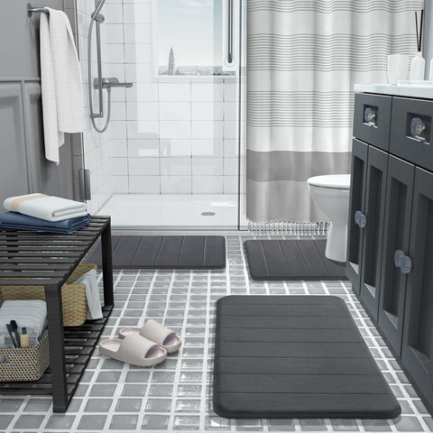 Yimobra bath mat placed beside a double vanity for versatile bathroom decor.