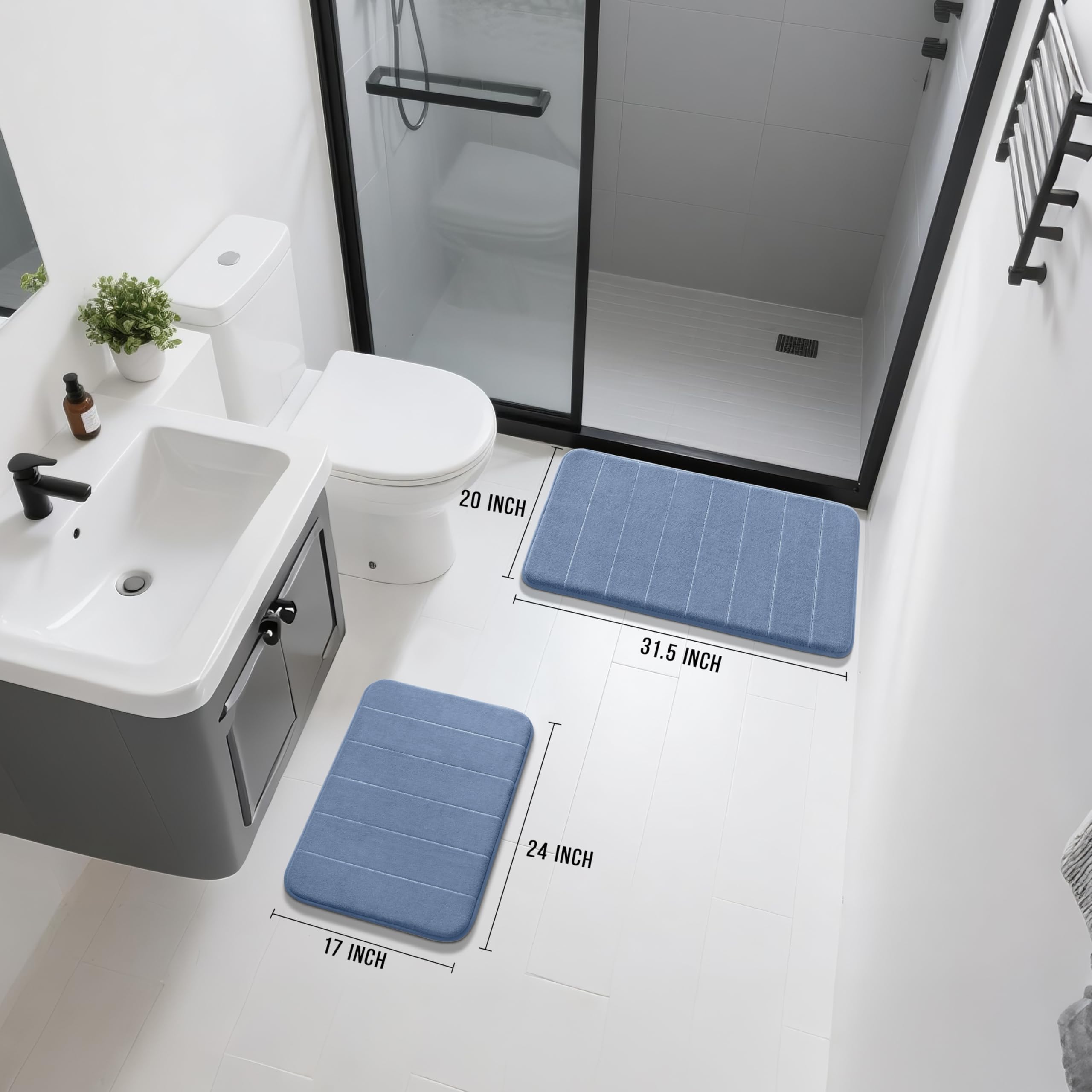 Yimobra memory foam bath rug in denim blue, small size for sink area