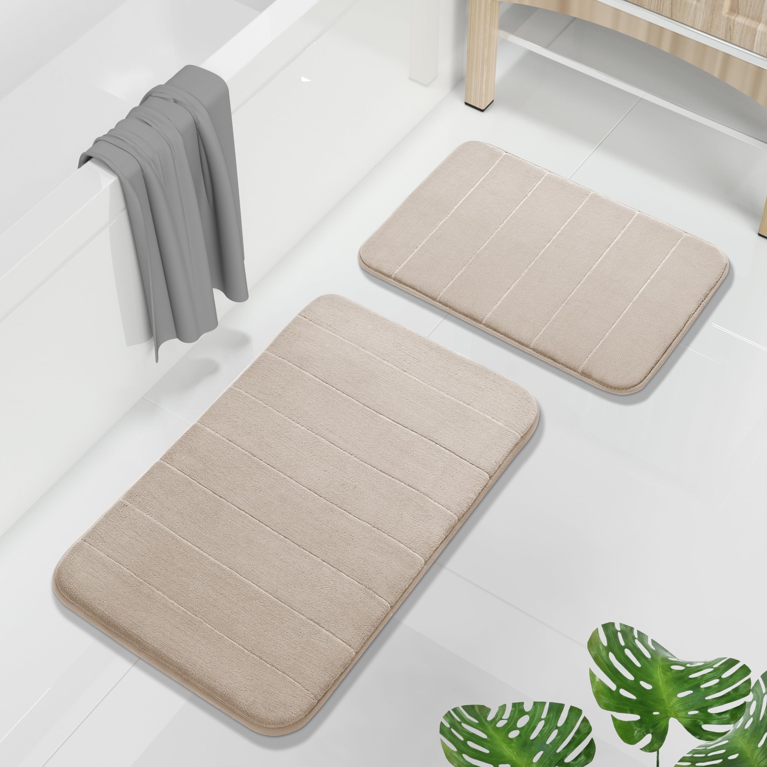 Yimobra memory foam bath rug set large beige with plush comfort and non-slip backing.