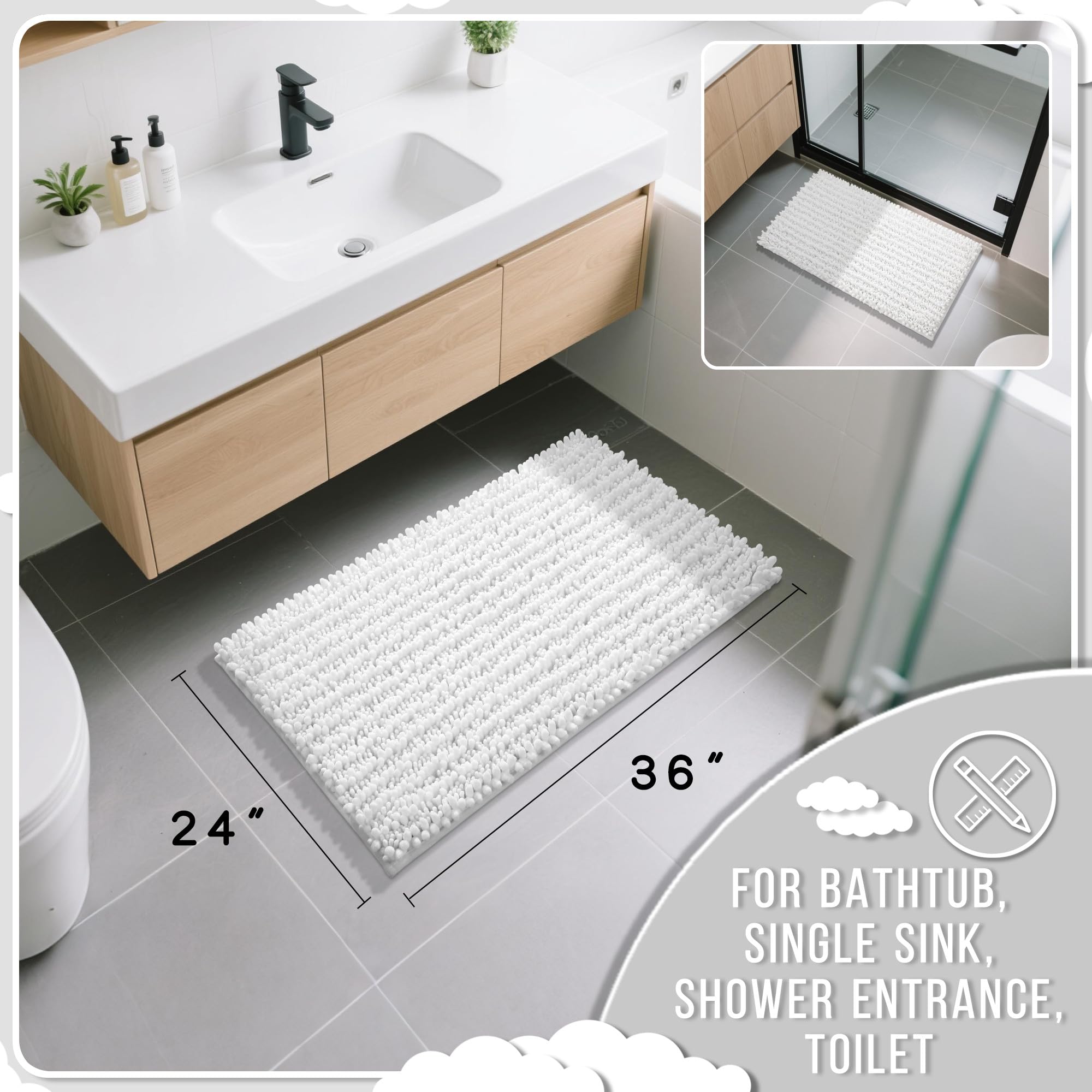 Yimobra rug with non-slip backing secures on dry bathroom floors