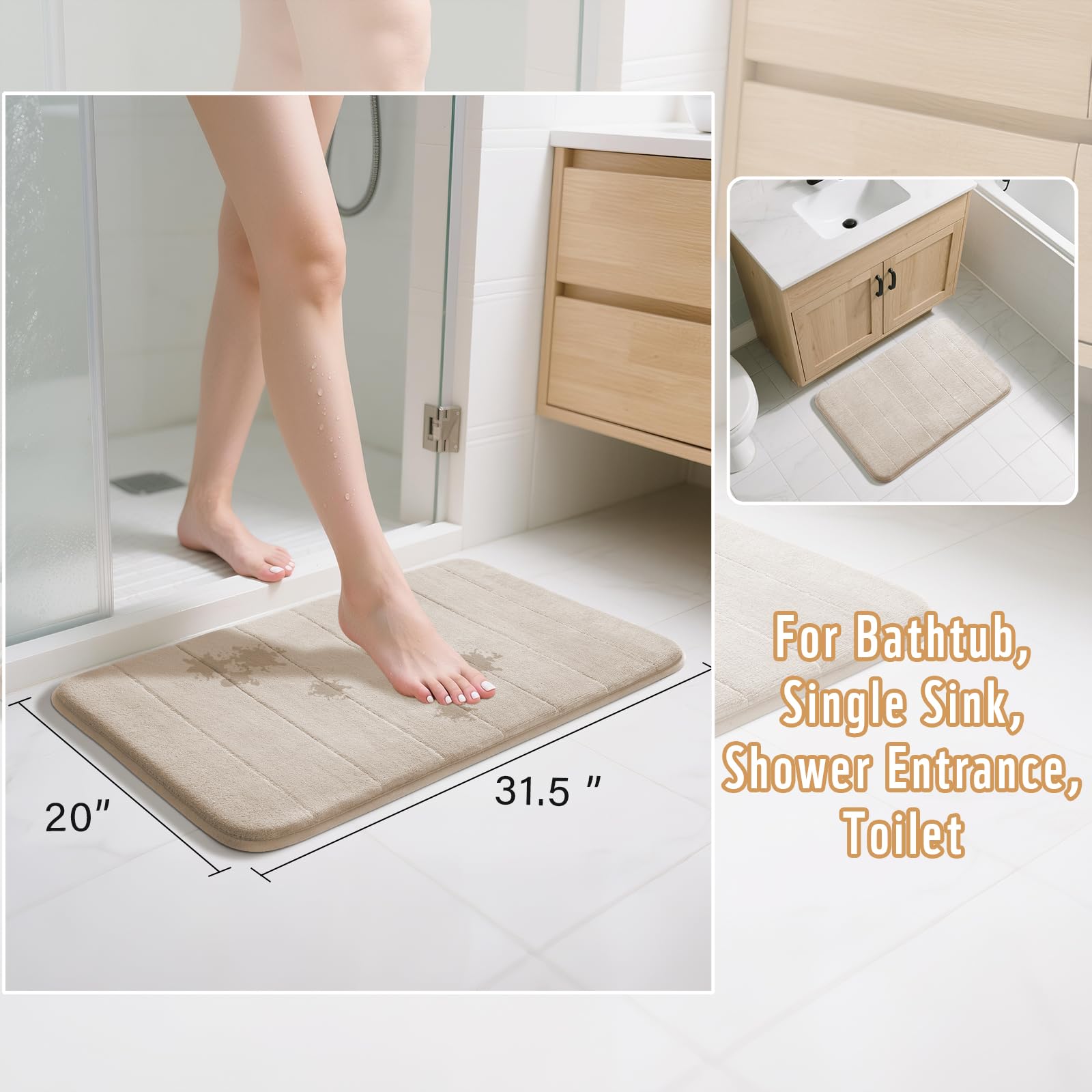 Yimobra bath mat showing rapid absorption coral velvet surface for quick drying