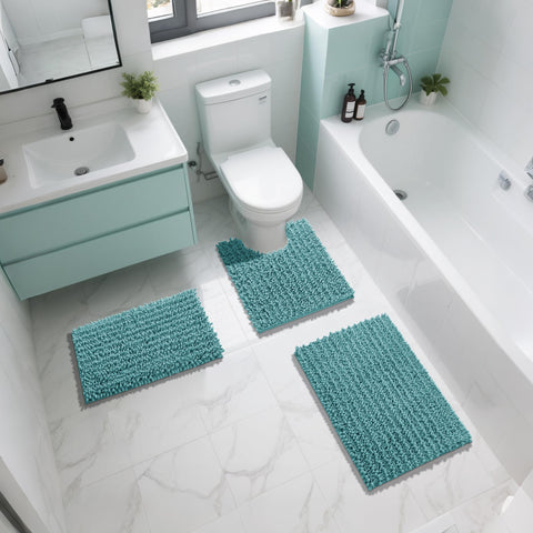 Yimobra teal bathroom rug enhances decor and mood in the space.