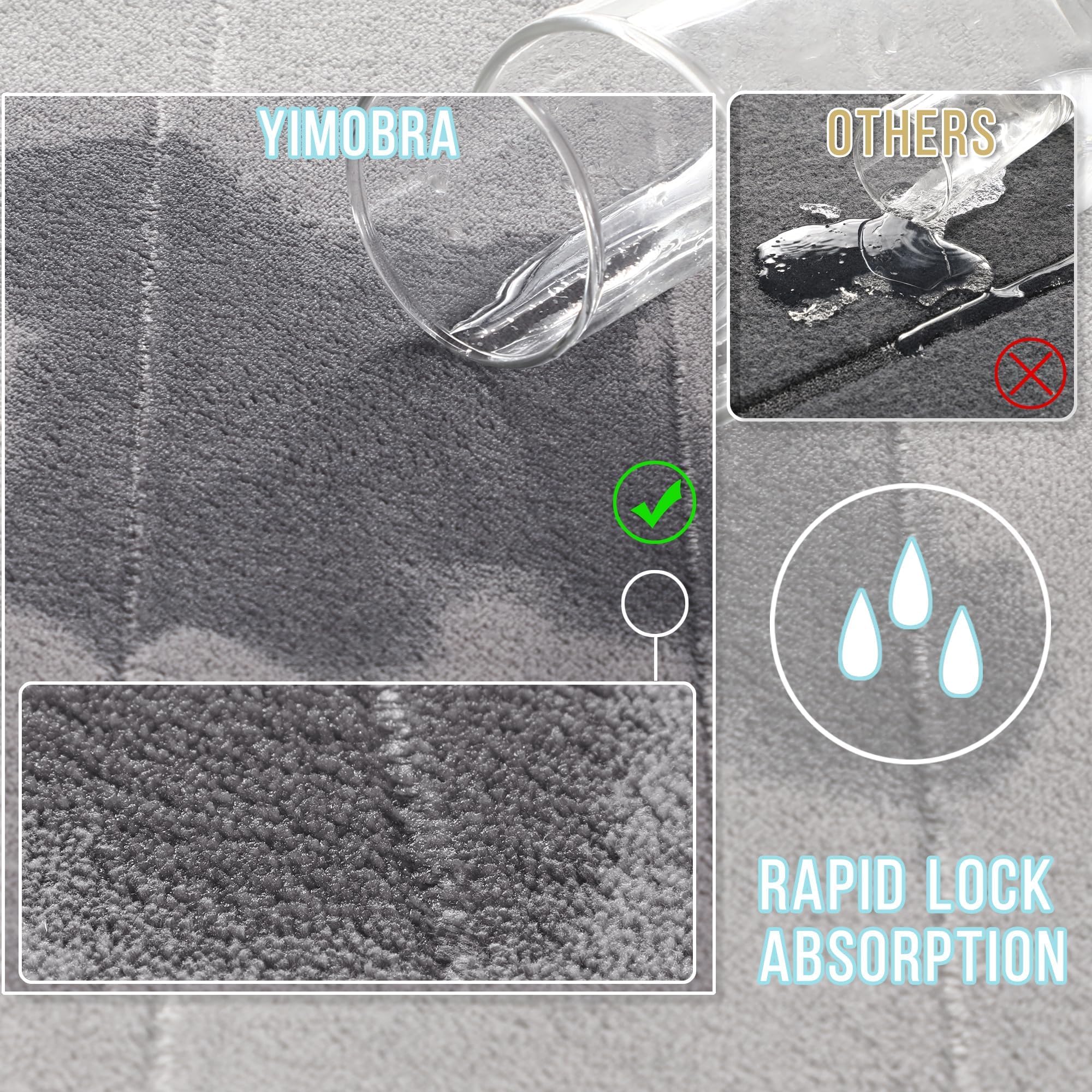 Yimobra three-piece bath mat set in gray for toilet, vanity, and floor.