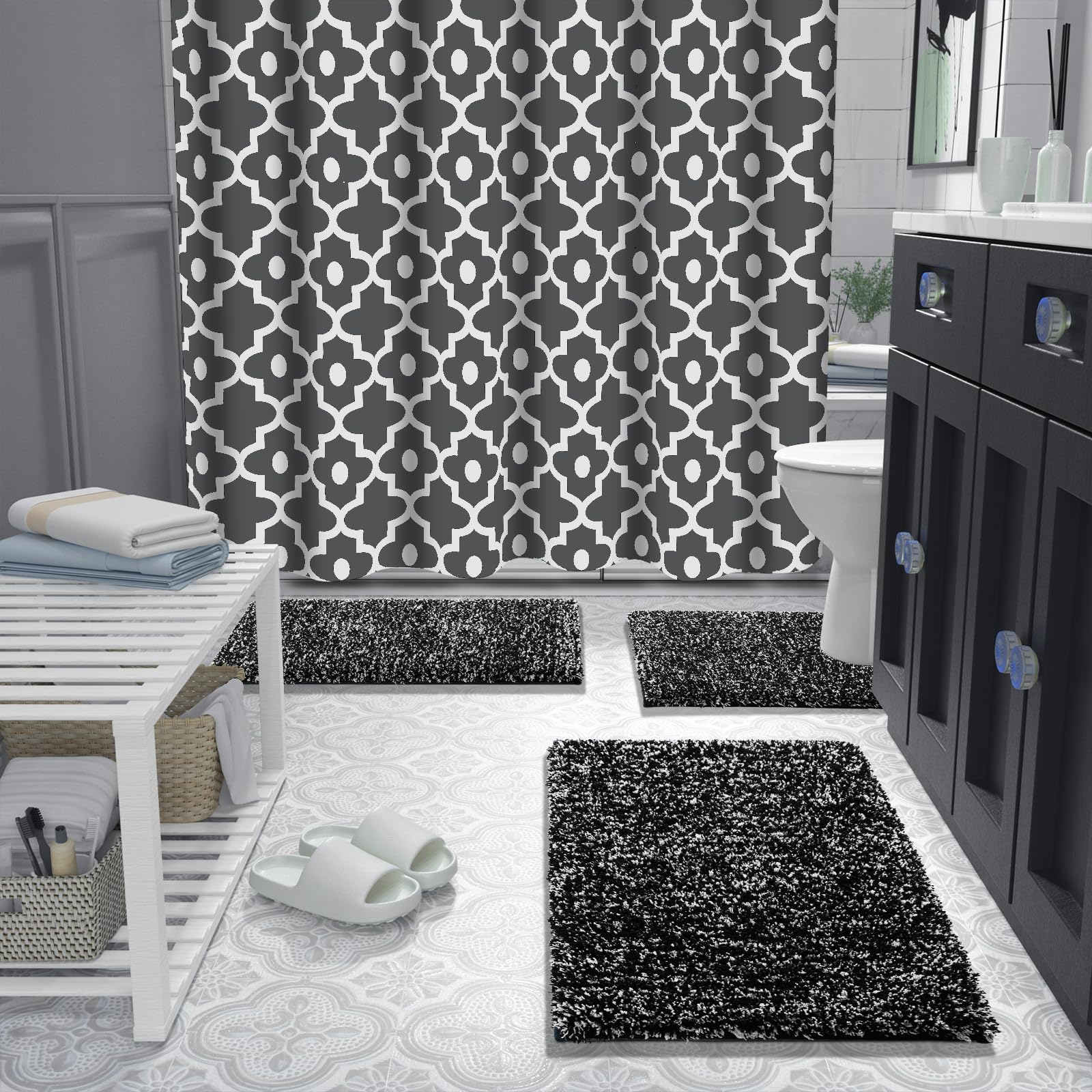 Yimobra black and white toilet rug enhances modern bathroom style