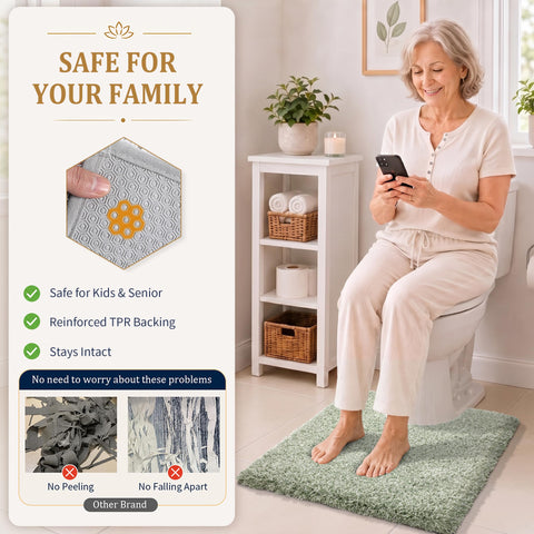 Yimobra toilet rug contour fit surrounds toilet base for comfort.