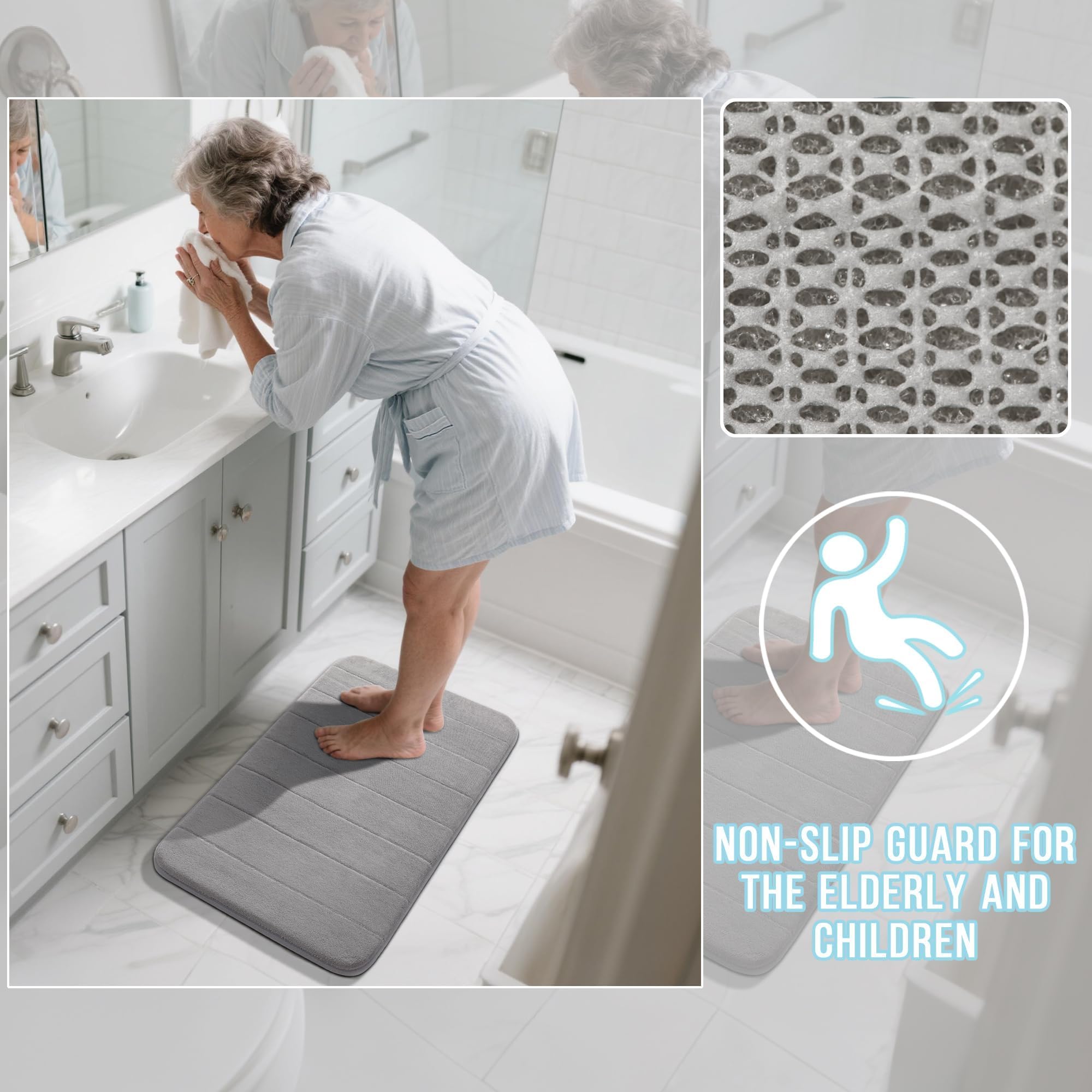 Yimobra U-shaped toilet rug fits around the base for neat edges.