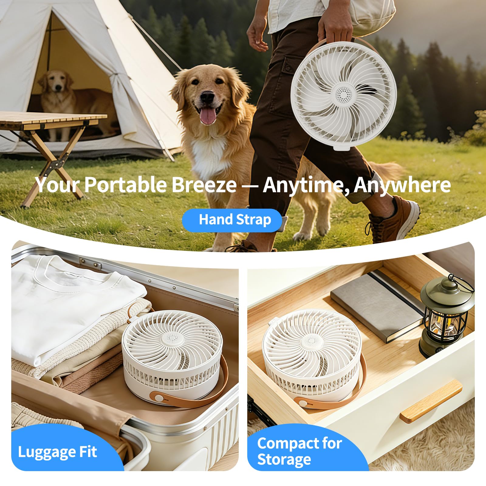 Yimserk portable fan suitable for desk, floor, or travel.