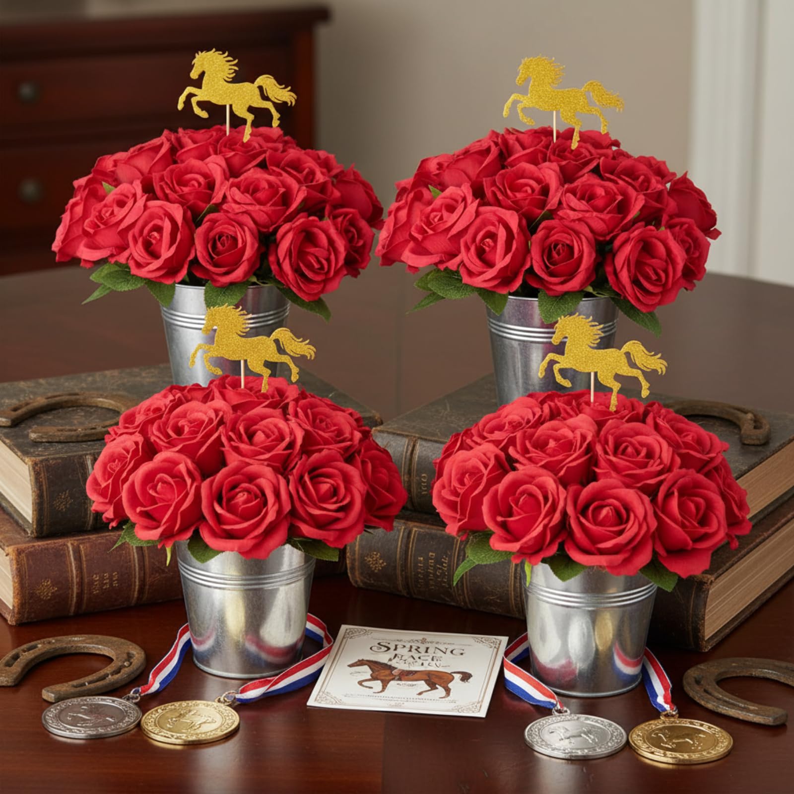 Yinder Derby Day rose centerpiece with red artificial roses for elegant table decor