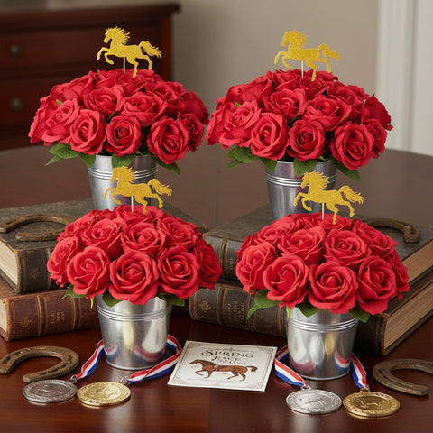 Yinder Derby Day rose centerpiece with red artificial roses for elegant table decor